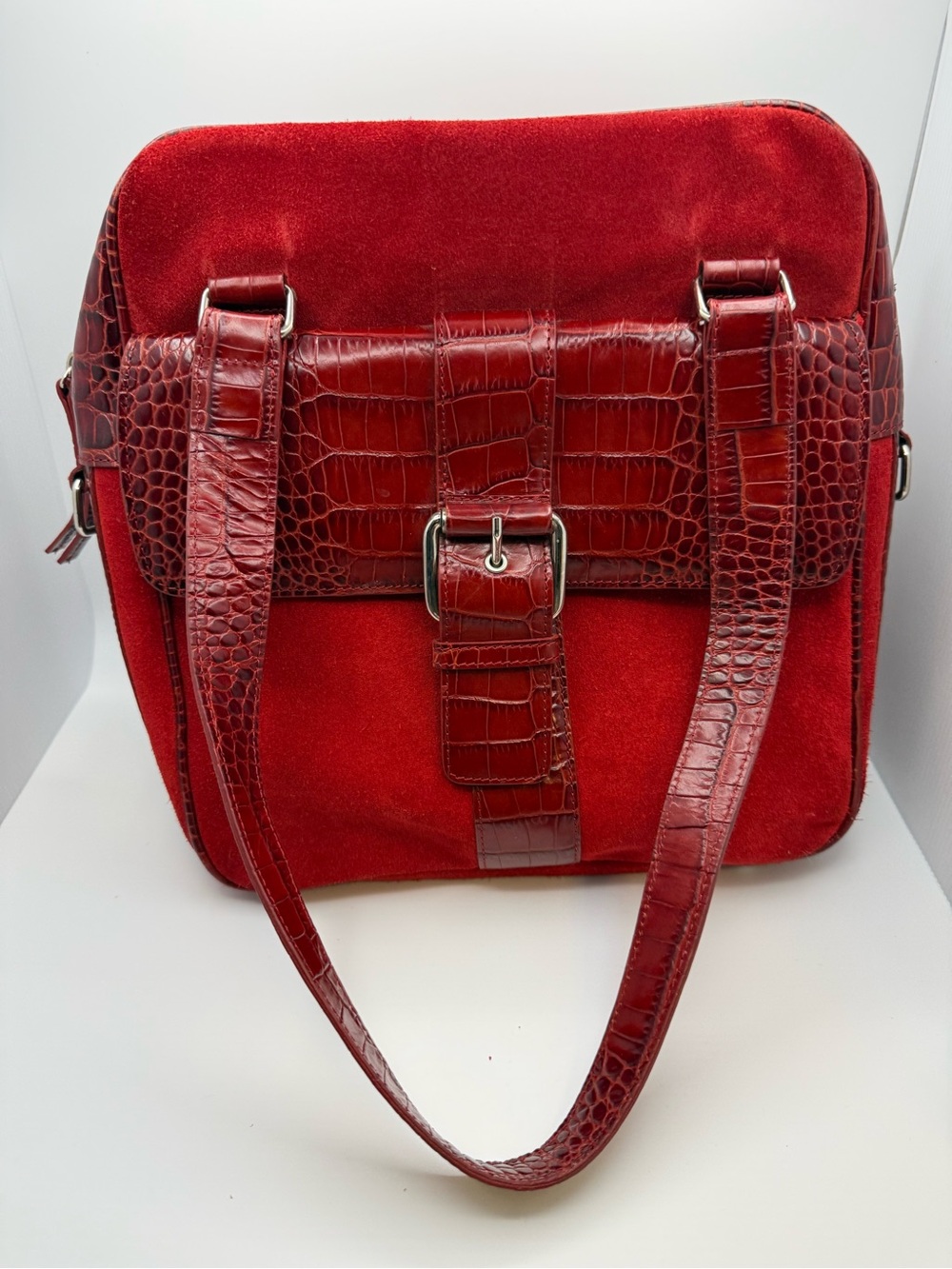 Levenger Ruby Red Suede & Embossed Leather Tote Shoulder Bag